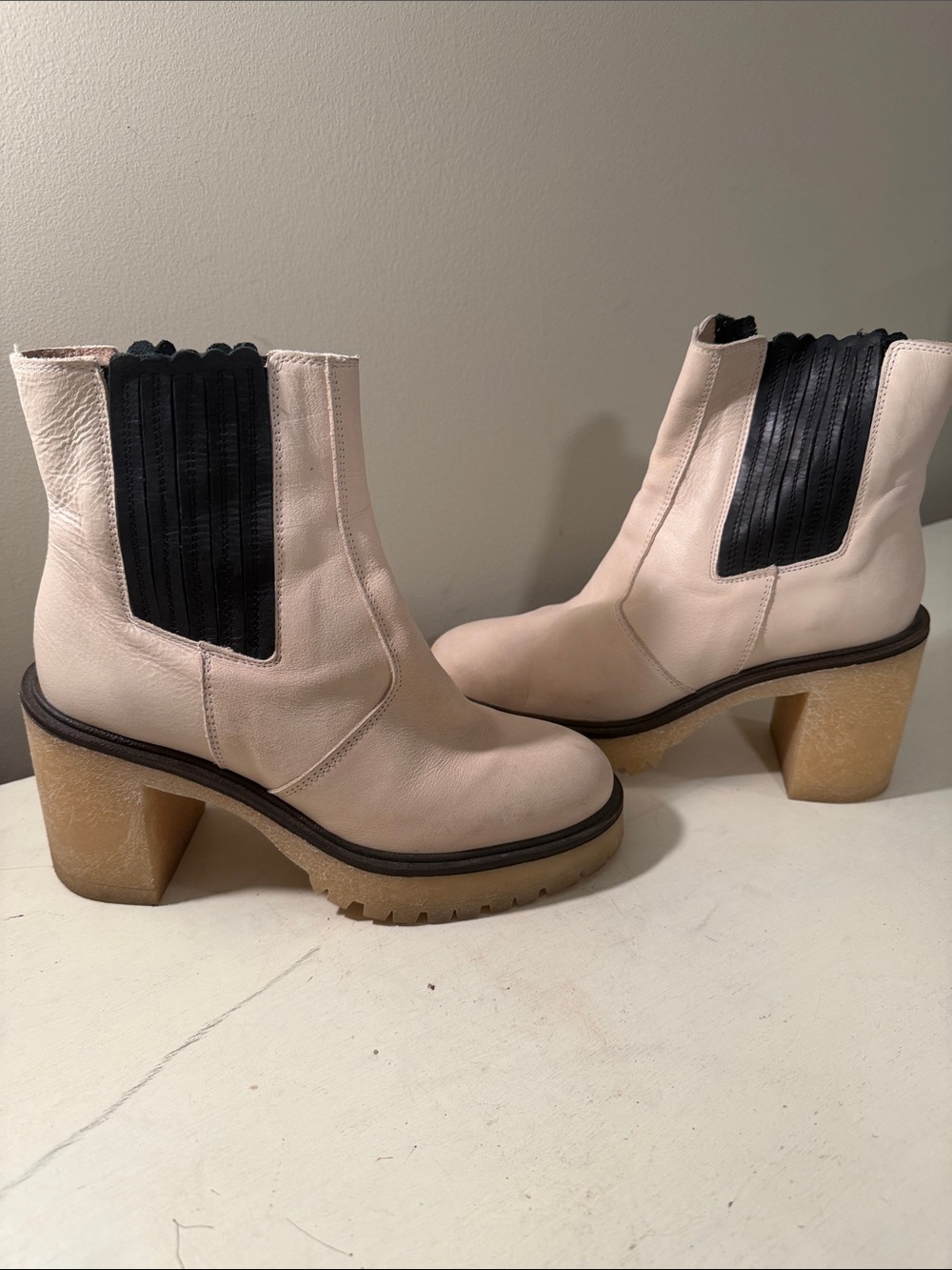 Free People Cream Chelsea Block Heel Boots with Black Elastic
